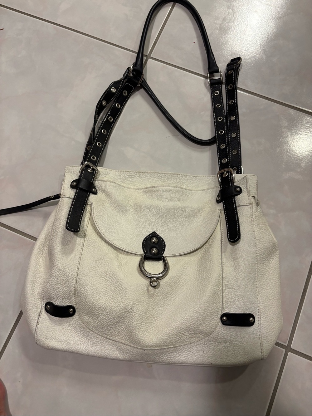 Italian Classic White Leather Shoulder Bag with Black Strap Accents